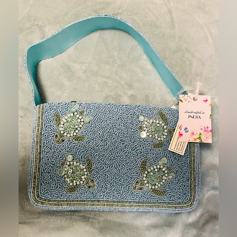 Viral Handcrafted Blue Beaded Turtle Design Bag